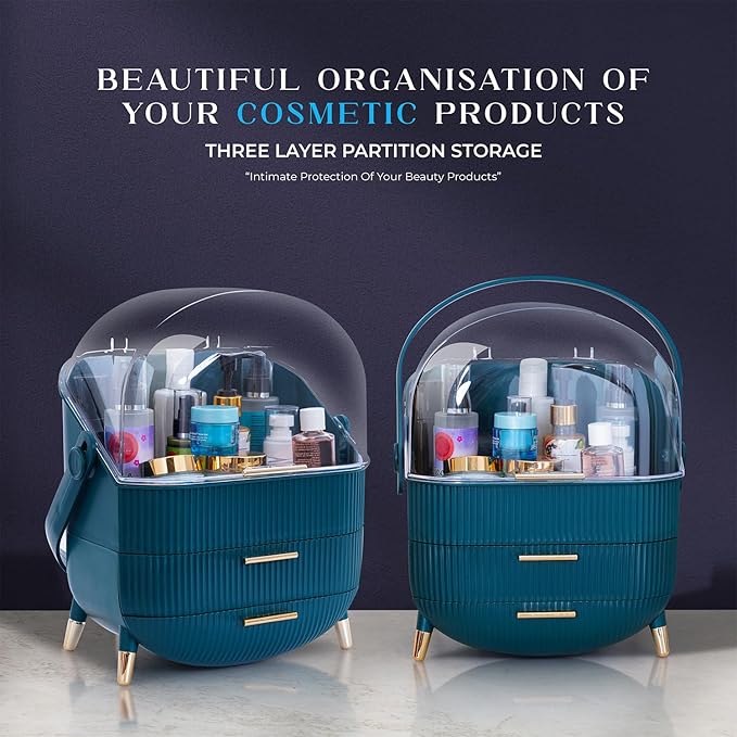 Makeup Cosmetic Organizer Box with Drawer Storage - Plastic Oval Storage Organizer with Turn Lock, Large Capacity for Women’s Skincare and Beauty Products (Green)