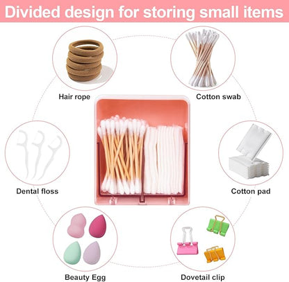 Q tip Holder with 2 Compartments, Plastic Cotton Swab Holder Clear Qtip Organizer in Home Bathroom for Cotton Ball, Swab, Round Pads, Plastic Floss Pick Holder, Pink