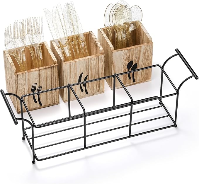 Tebery Wooden Utensil Holder for Party, Large Countertop Flatware Cutlery Caddy with Handle, 3 Detachable Compartment Silverware Cooking Organizer with Metal Tray for Fork, Spoon, Knives