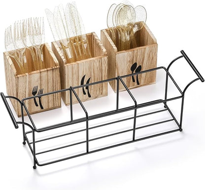 Tebery Wooden Utensil Holder for Party, Large Countertop Flatware Cutlery Caddy with Handle, 3 Detachable Compartment Silverware Cooking Organizer with Metal Tray for Fork, Spoon, Knives