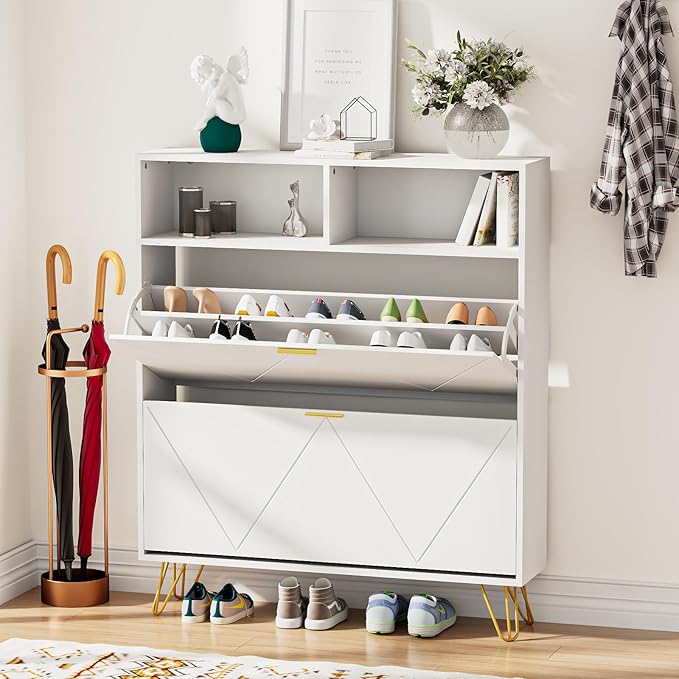 JOZZBY Large Shoe Cabinet for Entryway, 46'' White Narrow Shoe Storage Cabinet with 2 Flip Drawers and Open Shelves, Hidden Wide Freestanding Shoe Rack for Hallway, Set of 2