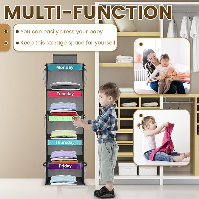 Weekly Clothes Organizer for Kids, 5-Shelf Hanging Closet Organizer with Visual Label, Multipurpose Polyester Clothes Organizer, Monday to Friday Weekly Clothing Organizer for Hats T-Shirts (Gray)