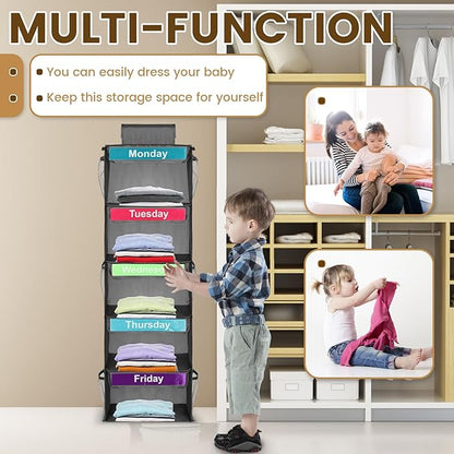 Kids Hanging Closet Organizer with 5 Shelves, Daily & Weekly Clothes Organizer for Hats, T-Shirts, Bags, Towels (Gray)