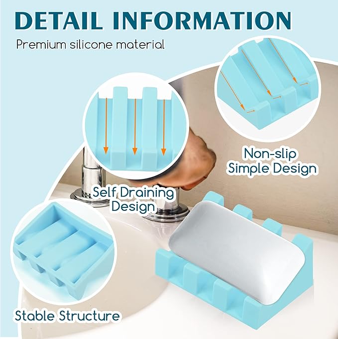 2 Pack Self Draining Silicone Soap Dish with Suction Cups - Non-Slip Bar Soap Holder for Shower & Kitchen, Waterfall Tray Keeps Soap Dry, Easy Clean, Extends Soap Life (Sky Blue)