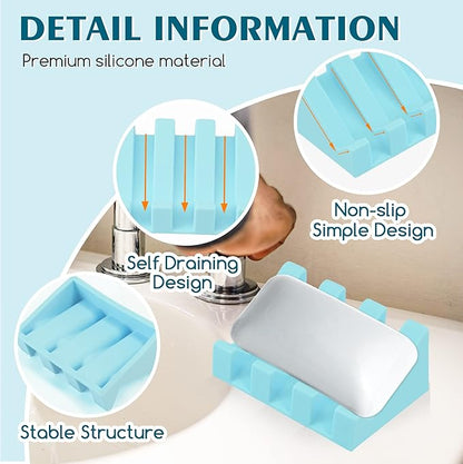 2 Pack Self Draining Silicone Soap Dish with Suction Cups - Non-Slip Bar Soap Holder for Shower & Kitchen, Waterfall Tray Keeps Soap Dry, Easy Clean, Extends Soap Life (Sky Blue)