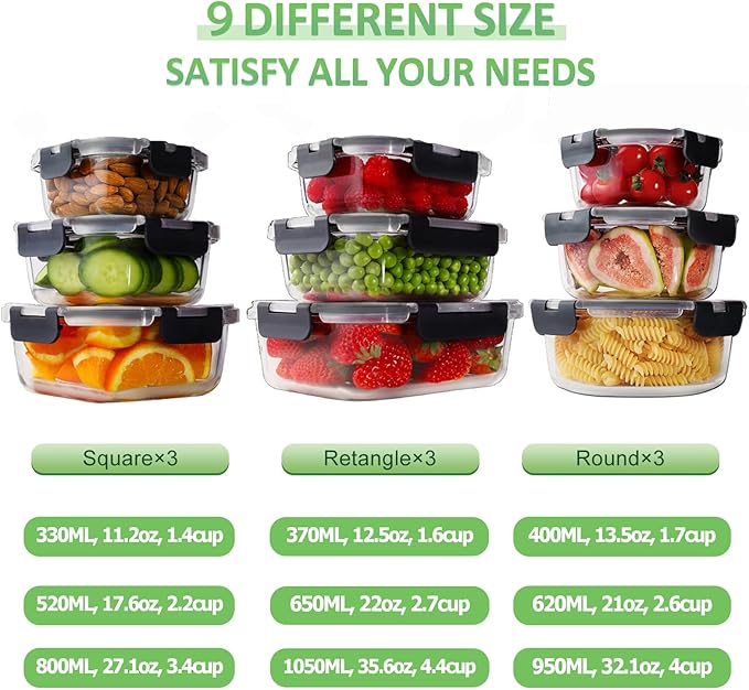 HOMBERKING 18 Piece Glass Food Storage Containers with Lids, Glass Meal Prep Containers, Airtight Lunch Bento Boxes, BPA-Free & Leak Proof, Oven, Freezer and Dishwasher Safe (9 lids & 9 Containers)