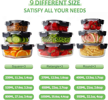 HOMBERKING 18 Piece Glass Food Storage Containers with Lids, Glass Meal Prep Containers, Airtight Lunch Bento Boxes, BPA-Free & Leak Proof, Oven, Freezer and Dishwasher Safe (9 lids & 9 Containers)