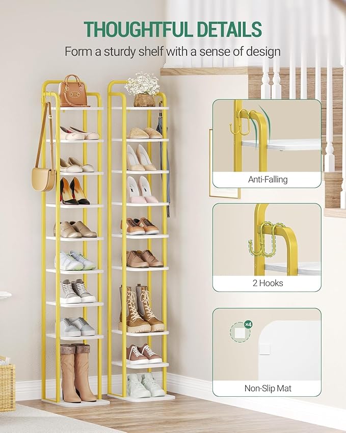Hzuaneri 10 Tiers Vertical Shoe Rack, Narrow Shoe Tower, Tall Shoes Shelf with 2 Hooks, Adjustable Shelves, Corner Shoes Shelves for Small Spaces, Entryway, Living Room, White Gold SR11213A