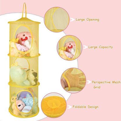 Hanging Mesh Stuffed Animal Storage - 3 Tiers 2 Pack Large Stuffed Animal Net Organizer, Foldable Space Saver Bags Plushie Basket Organization Holder Room Bedroom Playroom Wall Pink & Green