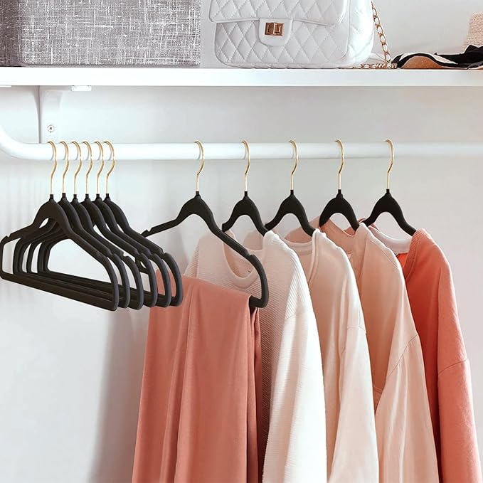 ManGotree Velvet Coat Hangers with 360° Swivel Gold Hook, Non-Slip Felt Suit Hangers, Ultra-Slim Space Saving Clothes Hanger, Sturdy for Jacket, Shirt, Dress, Pants (36 Pack, Black)