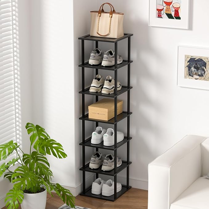 MHXW SXPN Bamboo Free Standing Shoe Rack Shelf Multi Tier Tall Wooden Stackable Shoes Rack Organizer for Closet Front Door Entrance Narrow Vertical Shoe Storage Rack for Corner Stand (Black, 7 Tiers)