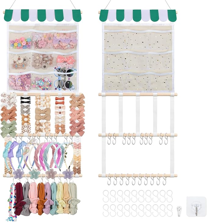 New Upgraded Bow Holder Headband Organizer w/ 9 Mesh Pockets, Large Capacity Hair Bow Organizer for Girls, Wall Hair Accessory Organizer for Nursery Room Decor(32x15inch,Beige Green)