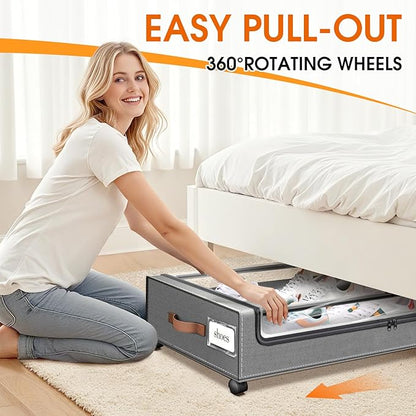 SpaceHacks Under Bed Storage with Wheels 3Pack Underbed Storage with Clear Window&Label Under Bed Drawers Large Capacity Rolling Under Bed Storage for Clothes,Shoes, Blankets (Light Grey)