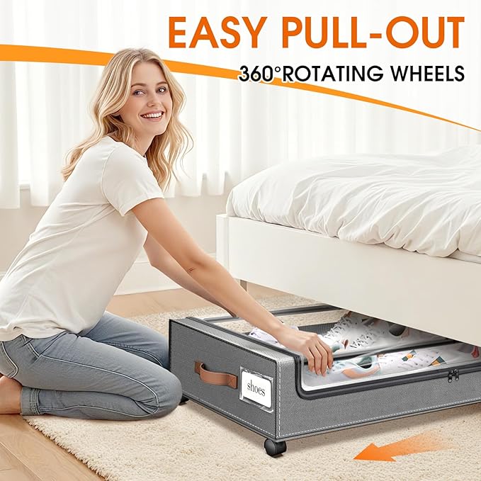 SpaceHacks Under Bed Storage with Wheels 2Pack Underbed Storage with Clear Window&Label Under Bed Drawers Large Capacity Rolling Under Bed Storage for Clothes,Shoes, Blankets (Light Grey)