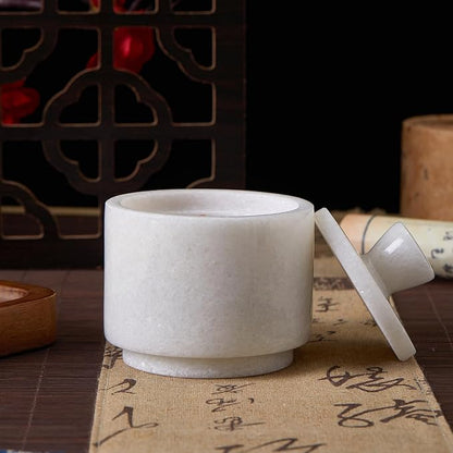 Natural Marble Salt Cellar with Lid, Stone Salt Bowl,Spice jar,Handcrafted Seasoning Storage Box for Kitchen Counte (White)