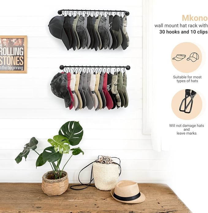 Mkono Hat Rack for Wall Baseball Cap Organizer Hanger with 30 Hooks Modern Metal Hat Holder Wall-Mounted Caps Display for Closet Door Bedroom Entryroom Laundry, Set of 2 (Black, Medium)