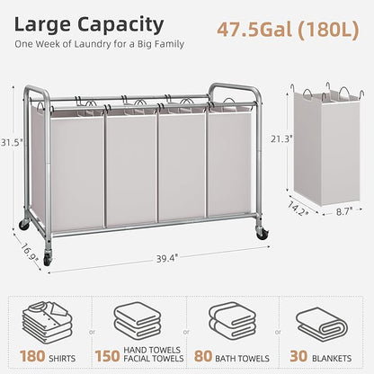 STORAGE MANIAC Laundry Sorter 4 Section, 47.5 Gal (180 L) Laundry Hamper with Wheels, Clothes Divider Basket Sorter, Clothes Separator Hamper Cart with Wheels and Removable Bags, Gray