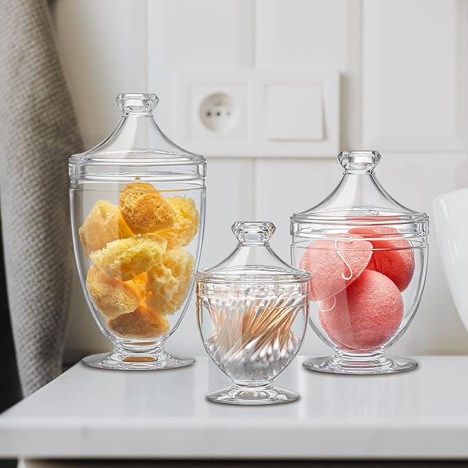 Amazing Abby - Aspire - Plastic Bathroom Canisters (3-Piece Set, 46/34/12 oz) (NOT Glass), Acrylic Apothecary Jars for Vanity, BPA-Free and Shatter-Proof, Great for Cotton Balls and Bath Sponges