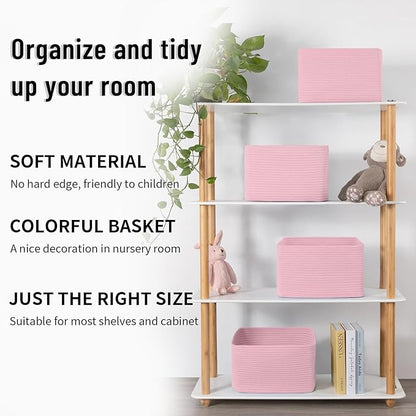 4 Pack Storage Baskets for Organizing Toys, Towels, and Clothes, Woven Basket for Shelves, Sturdy Nursery Cube Bins for Storage, 13''L x9''W x7.8''H, Pink