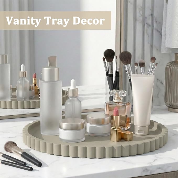 Silicone Bathroom Vanity Tray, Modern Round Decorative Tray for Countertop, Waterproof & Unbreakable Cosmetic Perfume Organizer, Extra-Thick & Sturdy, Easy to Clean Candle Tray (Khaki, 10 inch)