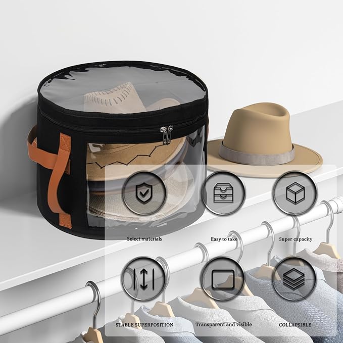 Veki Hat Organizer, Hat Box for Women Storage, Large Clear Felt Hats Box, Wide Brim Cowboy Hats Storage Boxes for Men, Round Brim Cap Boxes With Dustproof Lid for Travel and Wardrobe (Black)