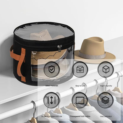 Veki Hat Organizer, Hat Box for Women Storage, Large Clear Felt Hats Box, Wide Brim Cowboy Hats Storage Boxes for Men, Round Brim Cap Boxes With Dustproof Lid for Travel and Wardrobe (Black)