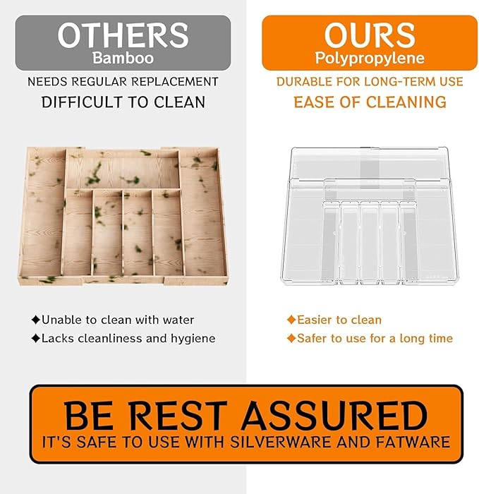 BPA-Free Expandable Utensil Drawer Organizer - Clear Plastic Adjustable Storage Tray for Kitchen Flatware, Knives, Forks and Spoons