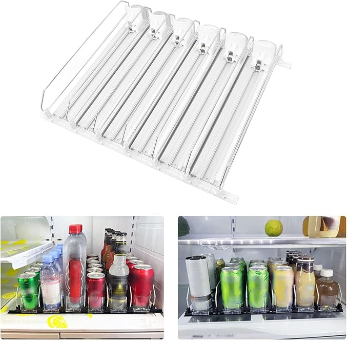 Soda Can Organizer, Automatic Pusher Glide Drink Dispenser for Fridge, Adjustable Width Beverage Holder, Storage 25 Cans 5 Row (White)