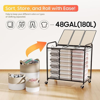 180L (47.55 Gal) Laundry Sorter 3 Section, Rolling Laundry Basket with Lockable Wheels and Lid, Laundry Hamper with 3 Separated Removable Bags Dirty Clothes Hamper for Laundry Room Organizer, White