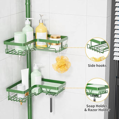 KEGII Shower Caddy Tension Pole, 4-Tier Rustproof Adjustable Corner Bathroom Organizer for Renters, 25–114.2 Inch No Drill Space-Saving Shower Storage Rack, Emerald Green