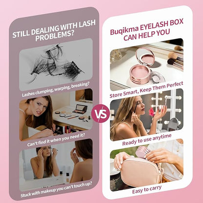 Buqikma 3 Layers Circle False Eyelash Storage Box with Mirror, Empty Eyelash Case Organizer Travel Lash Holder for Cosmetic, Rose Gold