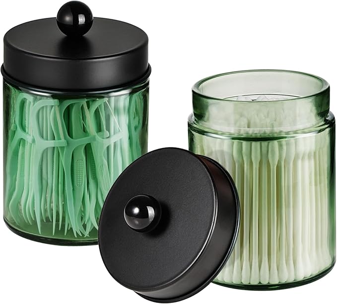 3 Pack Apothecary Jar Canisters Bathroom Vanity Organizer - Qtip Holder Storage Organizer Set Countertop Canister with Stainless Steel Lids &Cute Stickers for Qtips,Cotton Swabs,Makeup Sponges,Floss