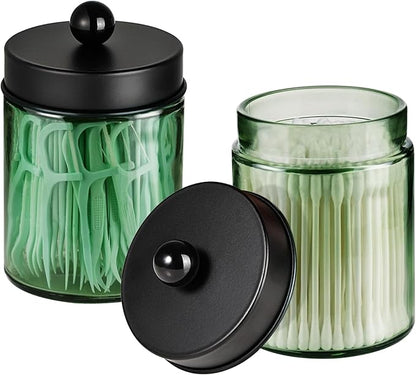 3 Pack Apothecary Jar Canisters Bathroom Vanity Organizer - Qtip Holder Storage Organizer Set Countertop Canister with Stainless Steel Lids &Cute Stickers for Qtips,Cotton Swabs,Makeup Sponges,Floss