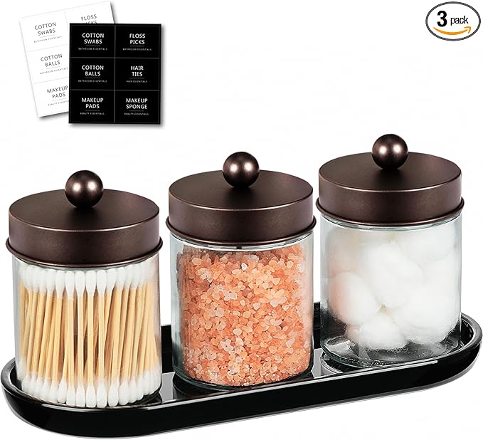 SheeChung 3-Pack Glass Apothecary Jars with Acrylic Vanity Tray - Bathroom Organizer Set for Qtip, Cotton Ball, Floss Picks - Vintage Style Bathroom Accessories Storage Canister (Bronze)