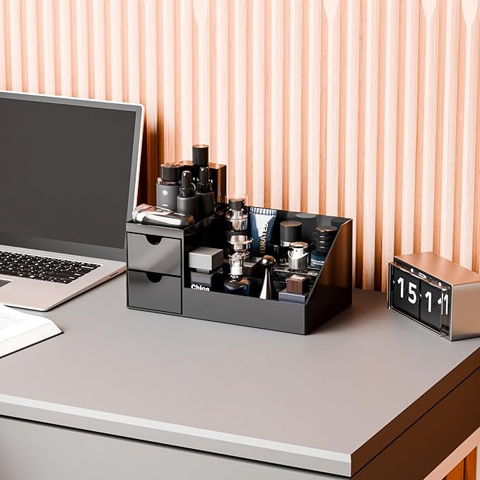 Yieach Mens Cologne Organizer With Drawers,Large Acrylic Perfume Organizer,Fragrance Shelf for Men Room Decor,Black Makeup Organizers and Cologne Holder for Mens Vanity,Bathroom Countertop and Dresser