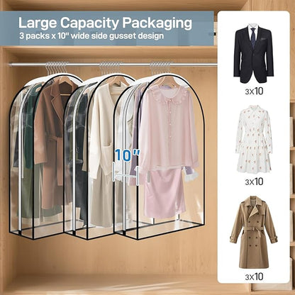 LiaMeE 10'' Wide Gusseted Clear Garment Bags for Hanging Clothes, Suit Clothing Bags for Closet Storage Covers for Garment Protection, Suitable for Coats Dresses Fur Coats Shirts (40 inch 3Pack)