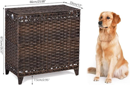 Laundry Hamper with 3 Removable Liner Bags; 132L Handwoven Rattan Laundry Basket with Lid & Heightened Feet; Clothes Hamper with Side Handles; Laundry Sorter with 3 Separate Sections
