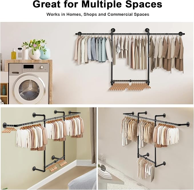 Livabber Industrial Pipe Clothes Rack, Heavy Duty Detachable Iron Garment Rack Wall Mounted, Rustic Saving Space Clothes Bar Multi-Purpose Hanging Rod for Bedroom, Closet, 2 Tier, Black (82 Inch)