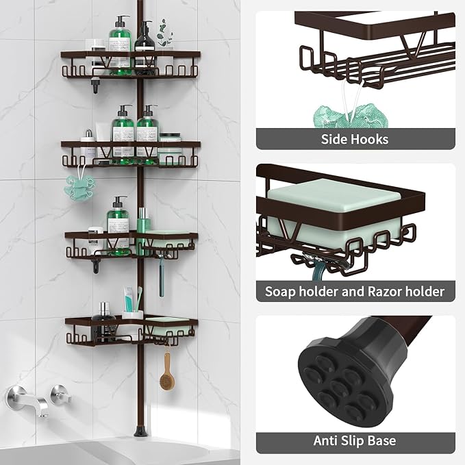 DAOYA Corner Shower Caddy Tension Pole - Adjustable 4-Tier Shower Shelf Stainless Steel Corner Tension Rod Bathroom Organizer Shampoo Holder with Soap Holders & Hooks for Bath, Tub, Floor Space Saving