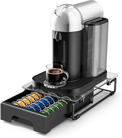 EVERIE Crystal Tempered Glass Organizer Drawer Holder Compatible with Nespresso Vertuo Capsules, Compatible with 21 Big or 30 Small Vertuoline Pods, NP01S