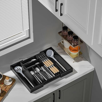 TIOPGHAD Bamboo-Silverware-Drawer-Organizer-Kitchen, Expandable Utensil Holder Cutlery Tray Flatware Organization Adjustable Wood Tableware Dividers Storage (with Removable Knife Block)(Black)