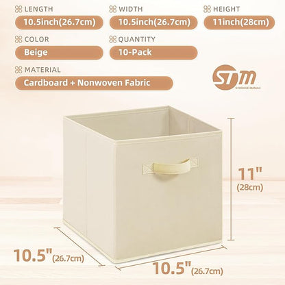 STORAGE MANIAC Storage Cubes, 11 Inch Collapsible Storage Bins with Handles, 10 Pack Fabric Foldable Bins for Organization, Durable Storage Bins for Closet, Shelves, Offices, Toys, 10-Pack Beige