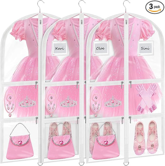 Garment Bags for Dance Costumes - 40 Inch Clear PVC with 5 Zipper Pockets (3 Pack, White) - Kids Dance Garment Bag for Dancers, Hanging Clothes Storage, Competitions & Travel (‎Clear White)