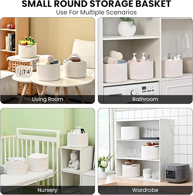 ICERZCZ Small Storage Baskets for Organizing, Woven Cotton Rope Organizer Baskets for Shelves, Round Cute Basket for Gifts Empty, 9.7"x9.7"x7" (3 Packs) Off White