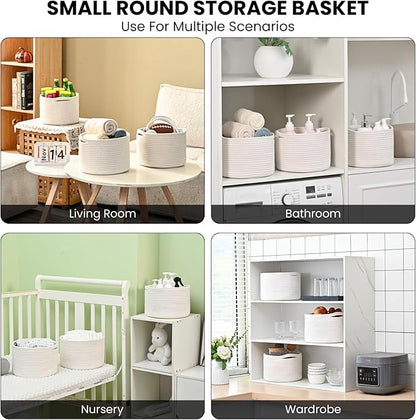 ICERZCZ Small Storage Baskets for Organizing, Woven Cotton Rope Organizer Baskets for Shelves, Round Cute Basket for Gifts Empty, 9.7"x9.7"x7" (3 Packs) Off White