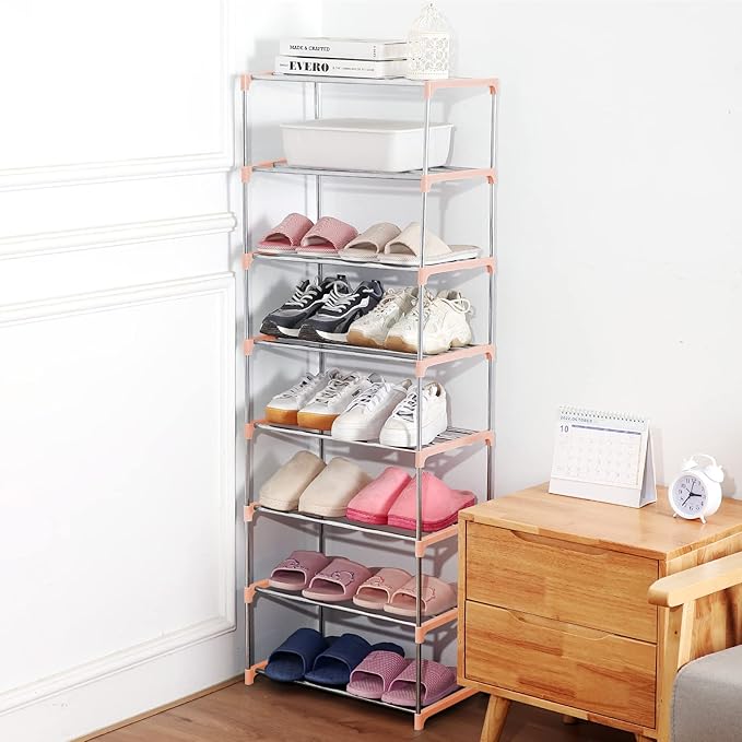 Small Shoe Rack, Narrow Stackable Shoe Shelf Organizer for Entryway, Doorway and Bedroom Closet (3-Tier, Pink)