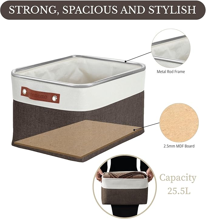 DECOMOMO Storage Bins, Large Fabric Storage Baskets for Shelves, Decorative Linen Closet Organizer, 15 x 11 x 9.5 inches (Brown & White, 3 Pack)