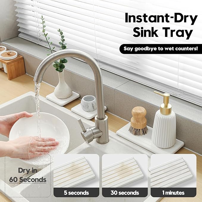 Fast Water Absorption Sink Organizer Tray Set, 3-Pack Compact and Space-Saving Stone Soap Holder Caddy for Kitchen & Bathroom Counter, Faucet Splash Guard, White (1pc of 8"x3.8" + 2pcs of 3.8"x3.8")