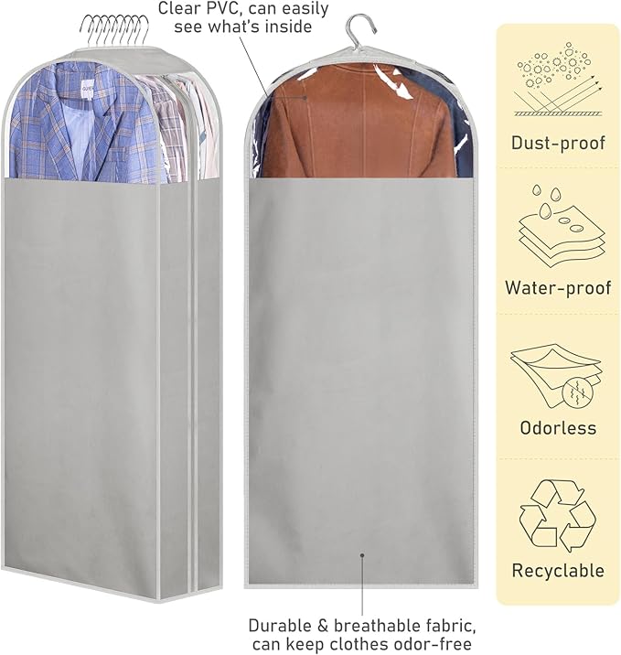 MISSLO 10" Gusseted Garment Bags for Hanging Clothes 40"+50" Clear Suit Bags for Closet Storage Dress Bag for Gowns Long Coat Protector, 3 Packs, Grey