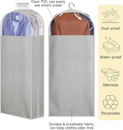 MISSLO 10" Gusseted Garment Bags for Hanging Clothes 40"+50" Clear Suit Bags for Closet Storage Dress Bag for Gowns Long Coat Protector, 3 Packs, Grey